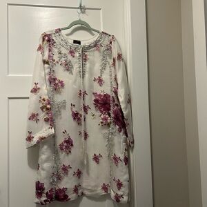 BIA KAISER Embroidered Floral White Tunic with Purple Accents